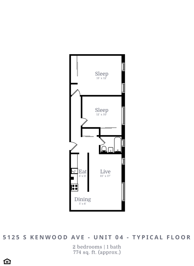 Floor plan for 2 beds, 1 bath, 774 sqft